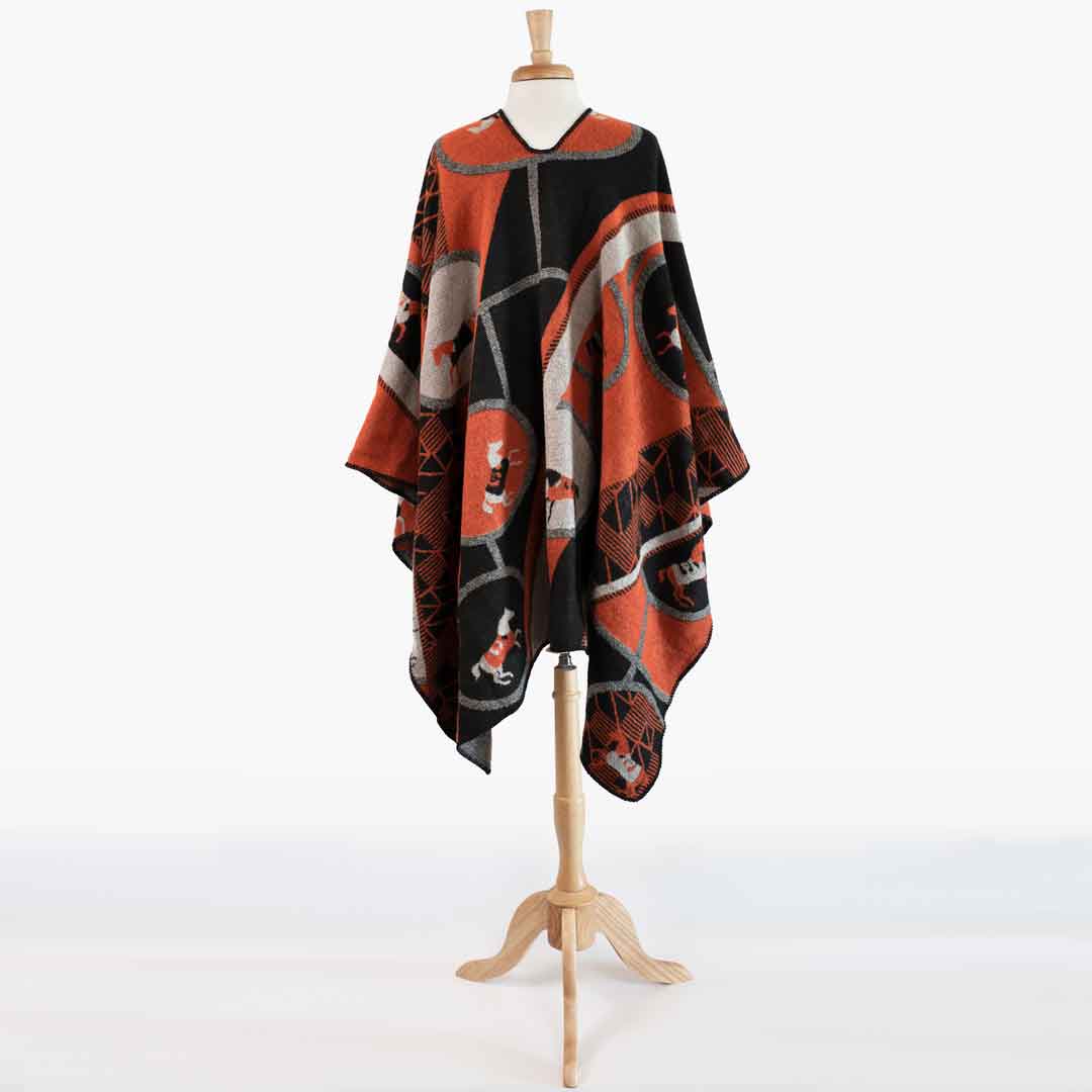 Adina -  Equestrian Motif Shawl in Tangerine, Charcoal and Black Luxe Wrap