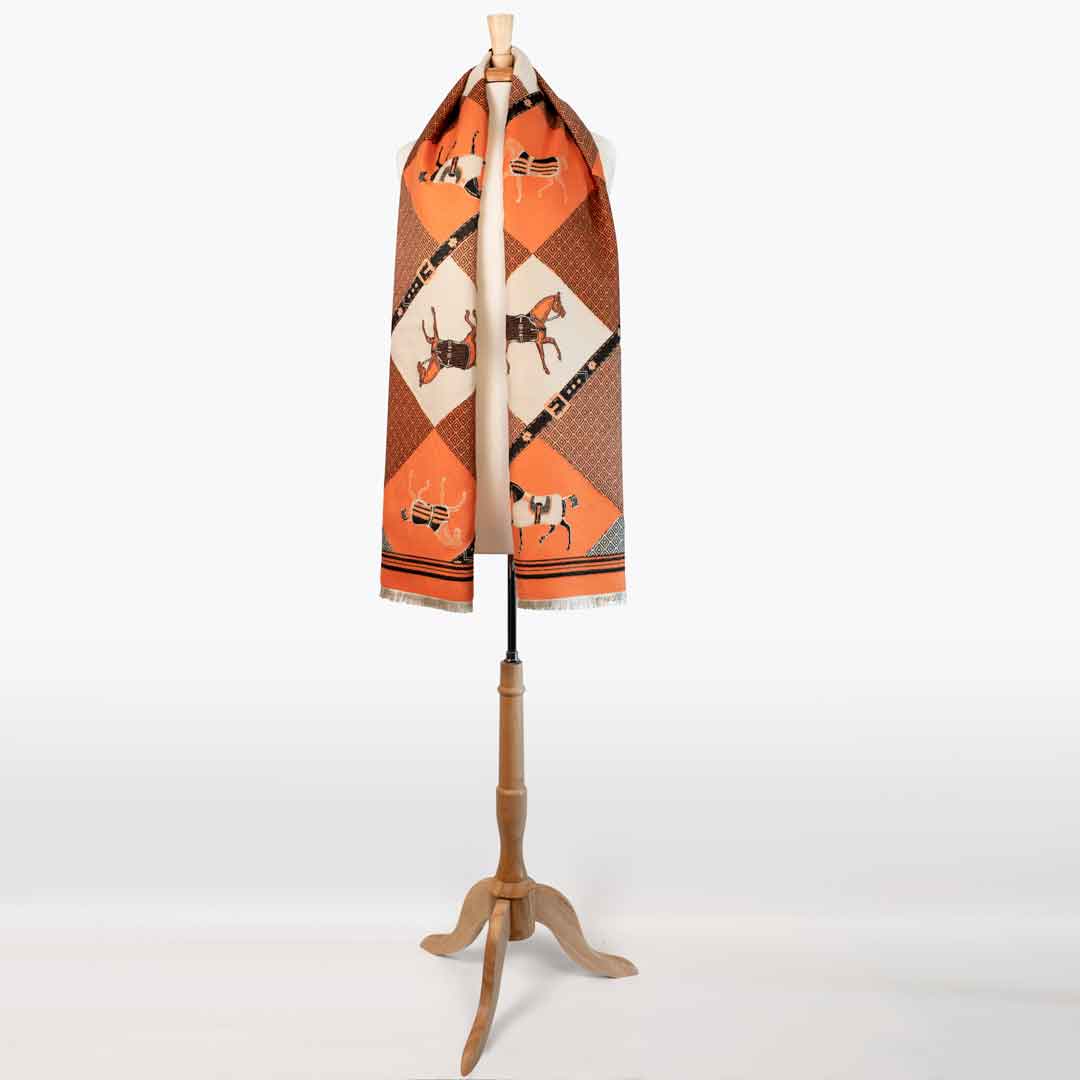 Della -  Tangerine Equestrian Motif Luxe Shawl