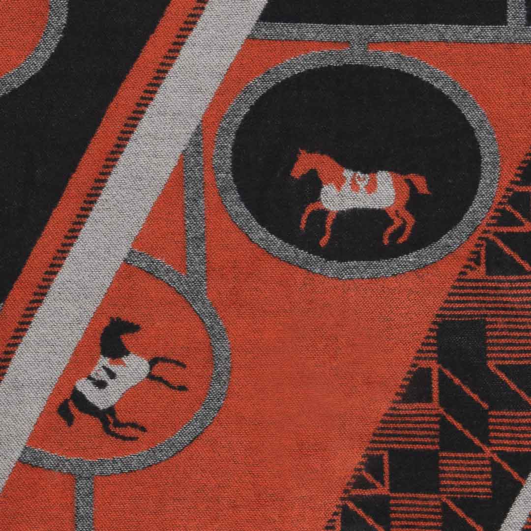 Adina -  Equestrian Motif Shawl in Tangerine, Charcoal and Black Luxe Wrap