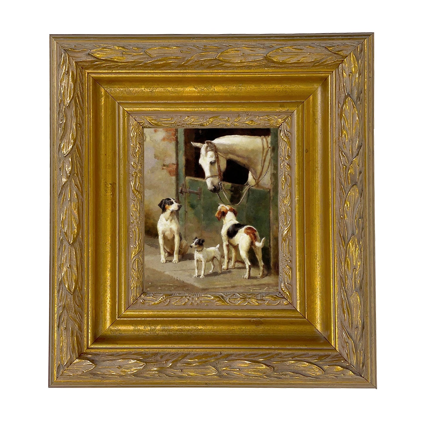 Dog and Horse at Stable Framed Painting Print on Canvas