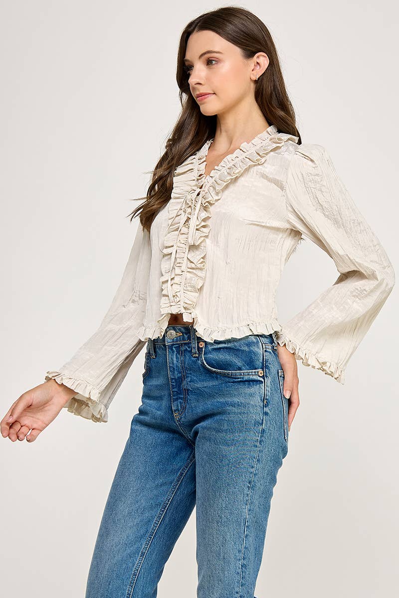 LONG-SLEEVE RUFFLED V-NECK BLOUSE