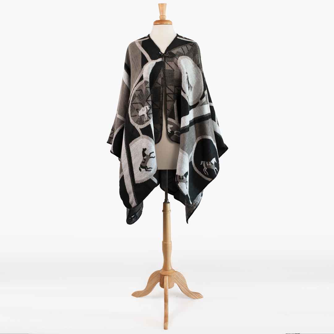 Adina -  Equestrian Motif Shawl in Charcoal Wrap