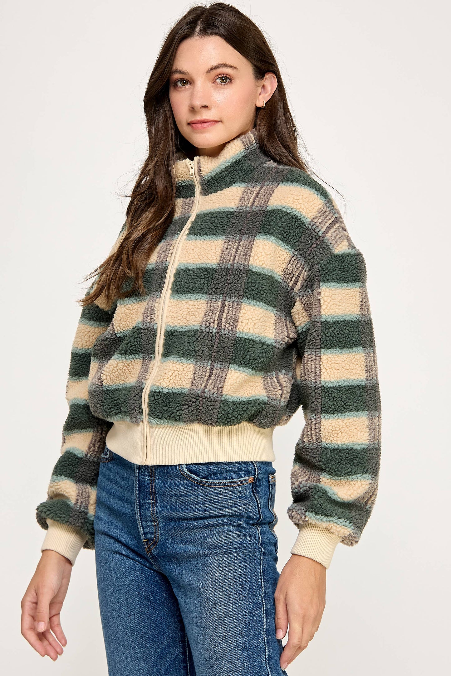 PLAID SHERPA JACKET-CREAM FOREST