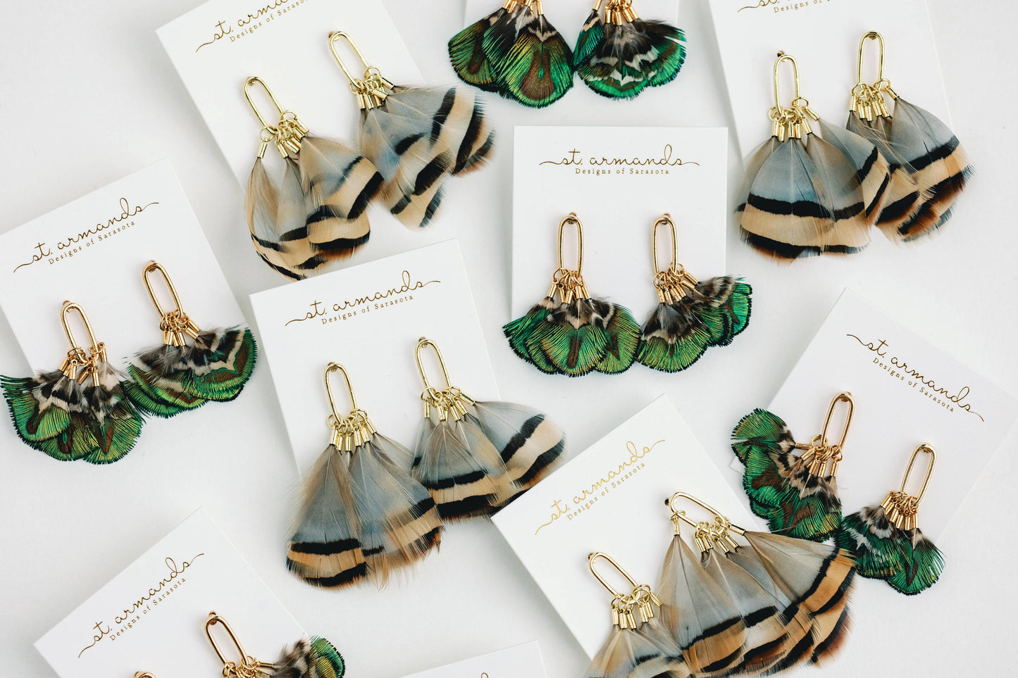 Brown Striped Fall Feather Statement Tassel Earrings