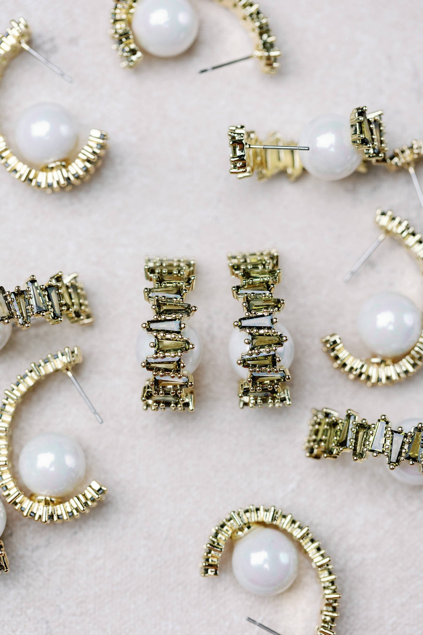 Green Rhinestone and Pearl Statement Hoop Earrings