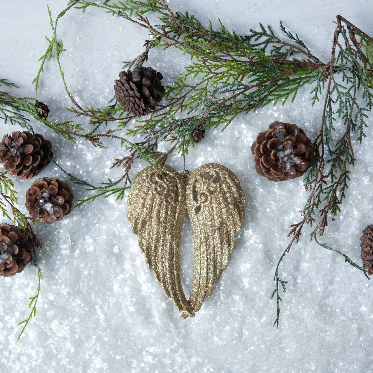 GLITTERED GOLD CLOSED ANGEL WING ORNAMENT