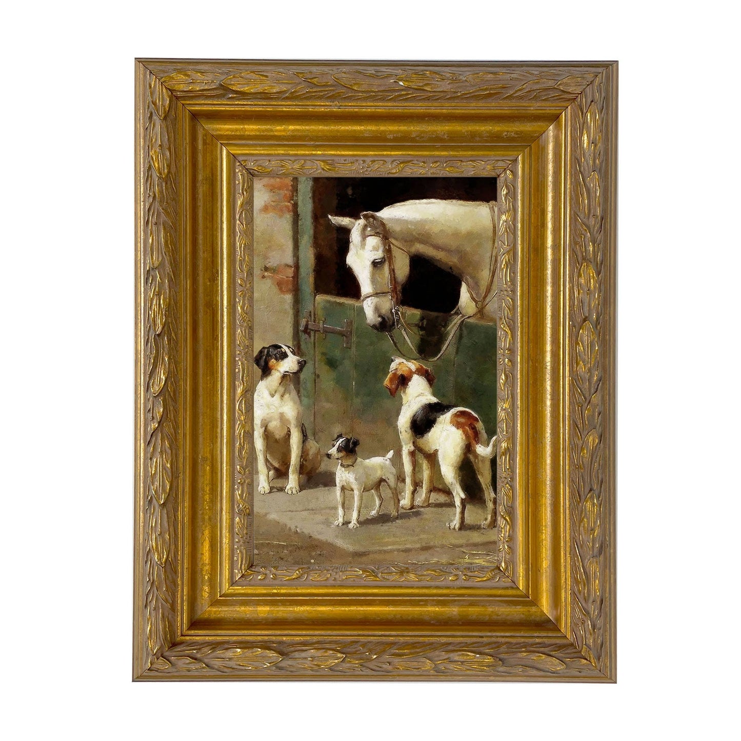 Dog and Horse at Stable Framed Painting Print on Canvas