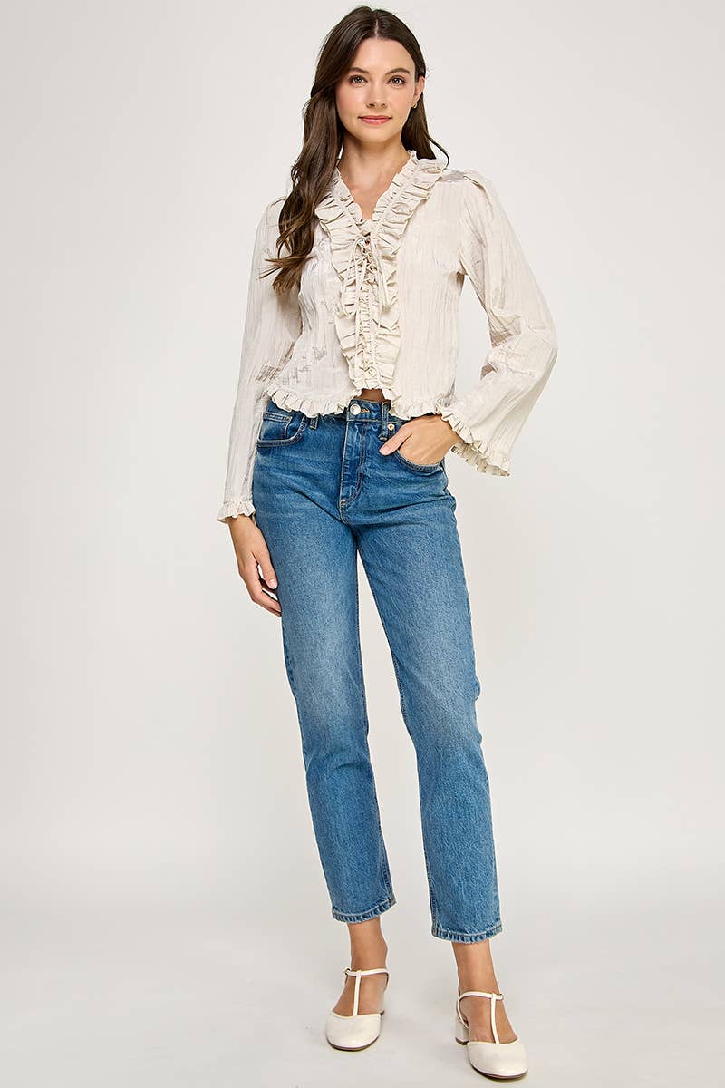LONG-SLEEVE RUFFLED V-NECK BLOUSE