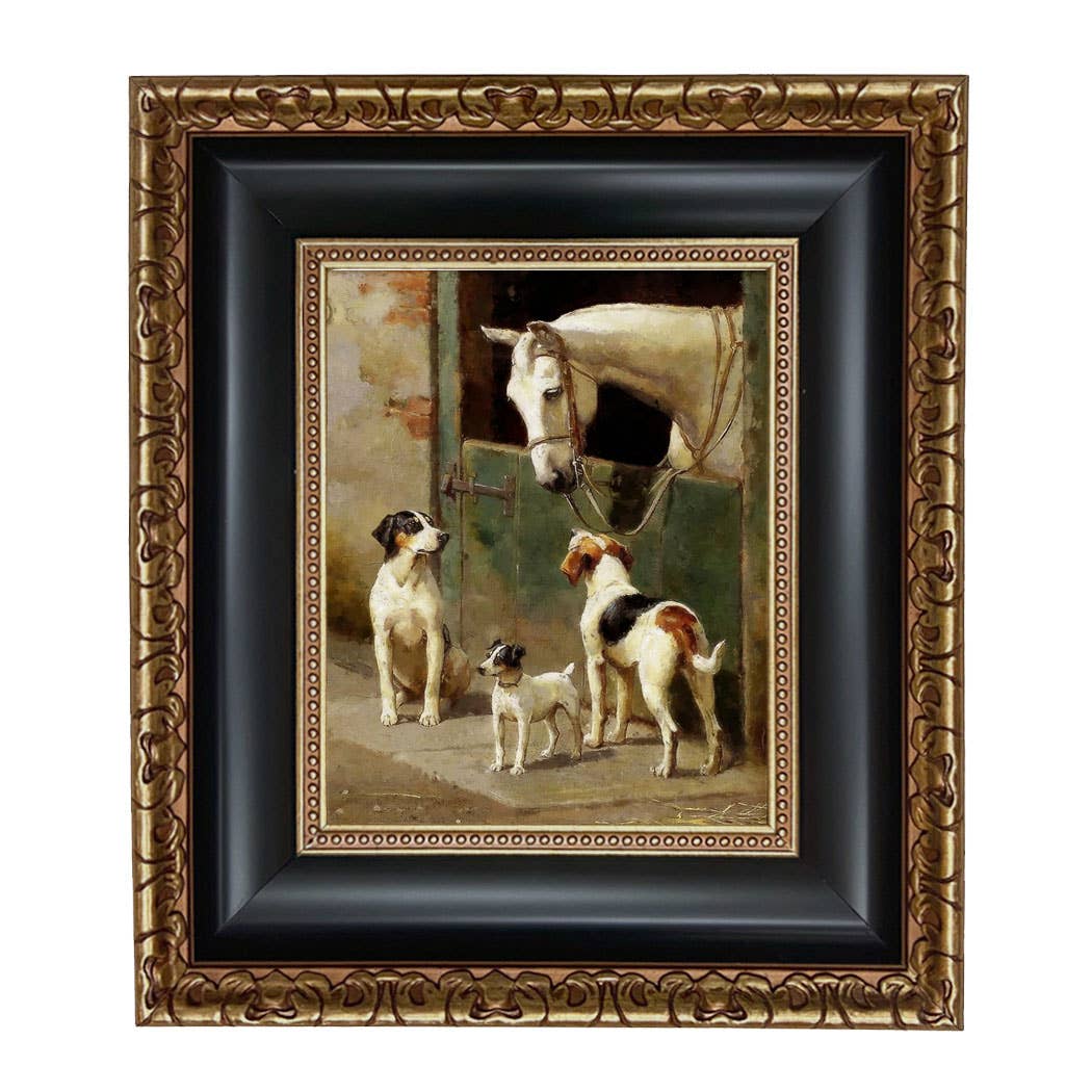 Dog and Horse at Stable Framed Painting Print on Canvas