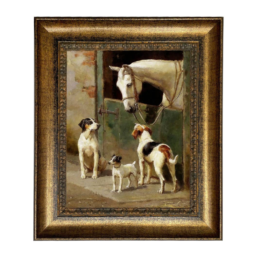 Dog and Horse at Stable Framed Painting Print on Canvas