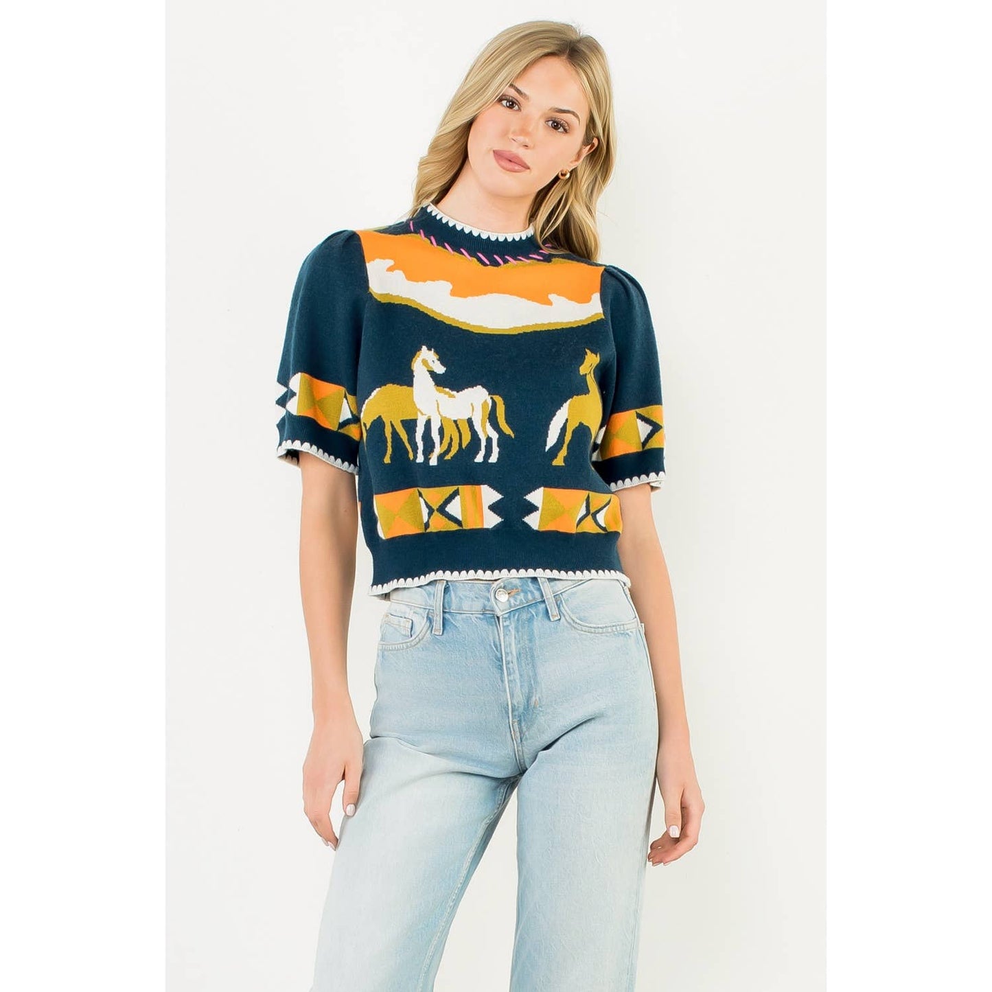 Short Sleeve Horse Detail Top