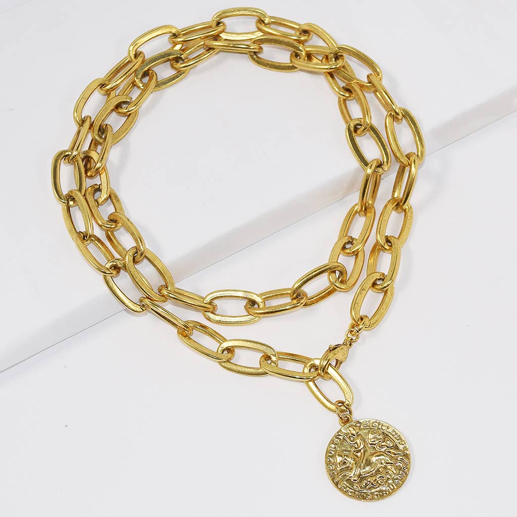 Long necklace with knight coin pendant