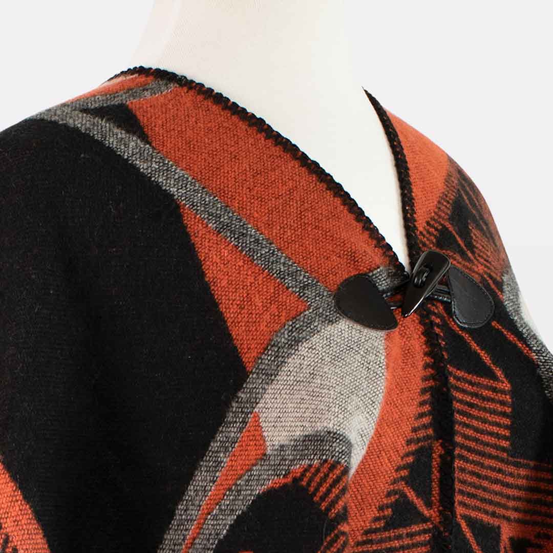 Adina -  Equestrian Motif Shawl in Tangerine, Charcoal and Black Luxe Wrap