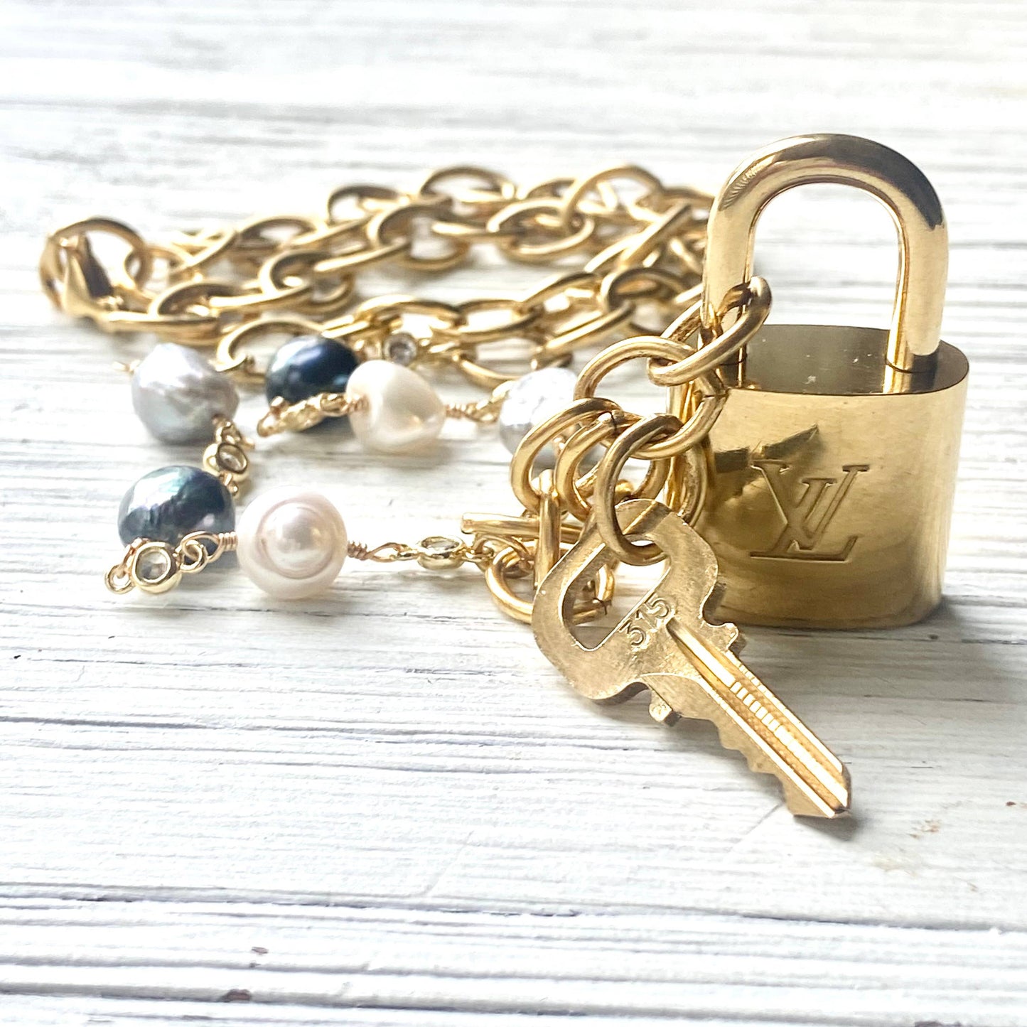 LV lock denim freshwater pearl statement necklace 