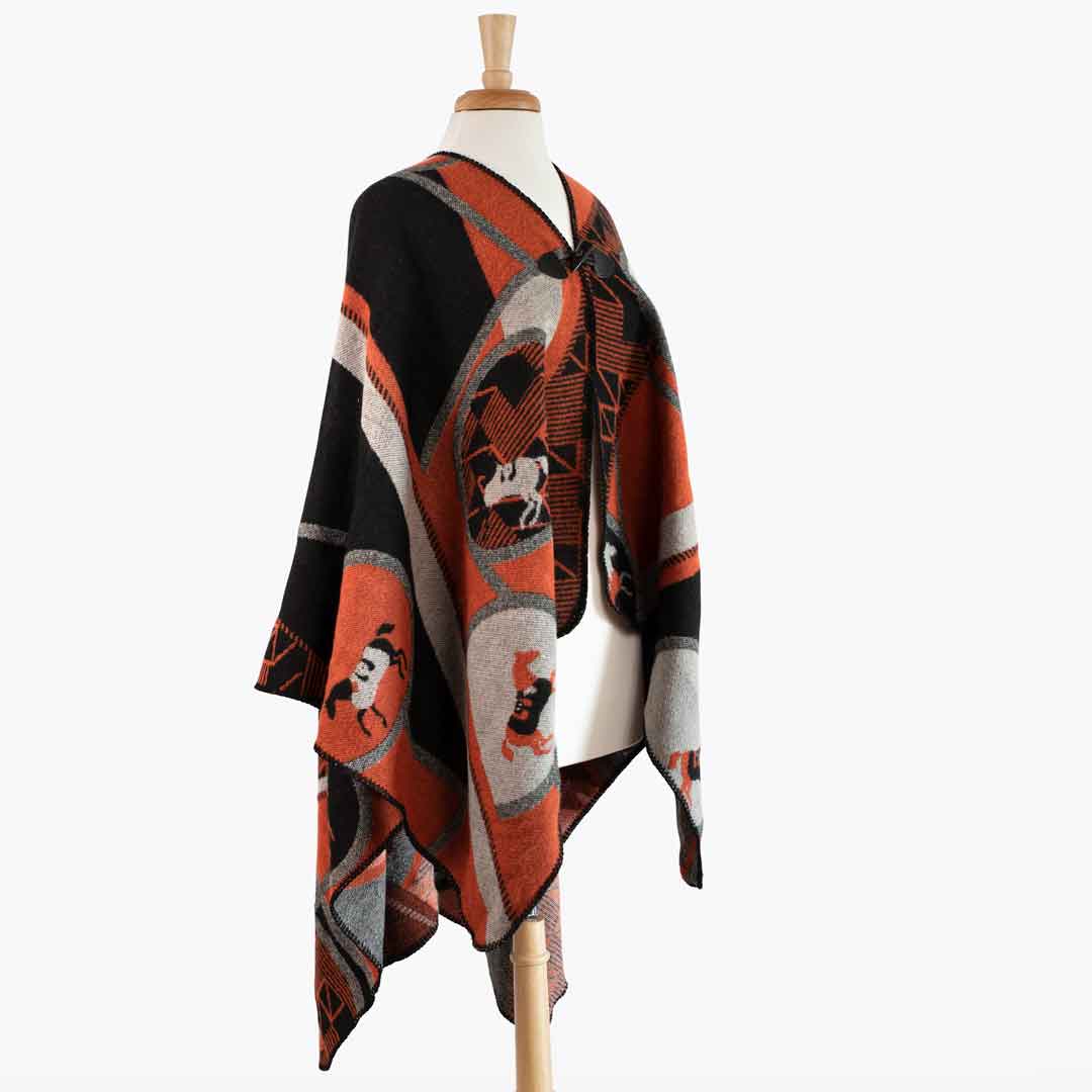 Adina -  Equestrian Motif Shawl in Tangerine, Charcoal and Black Luxe Wrap