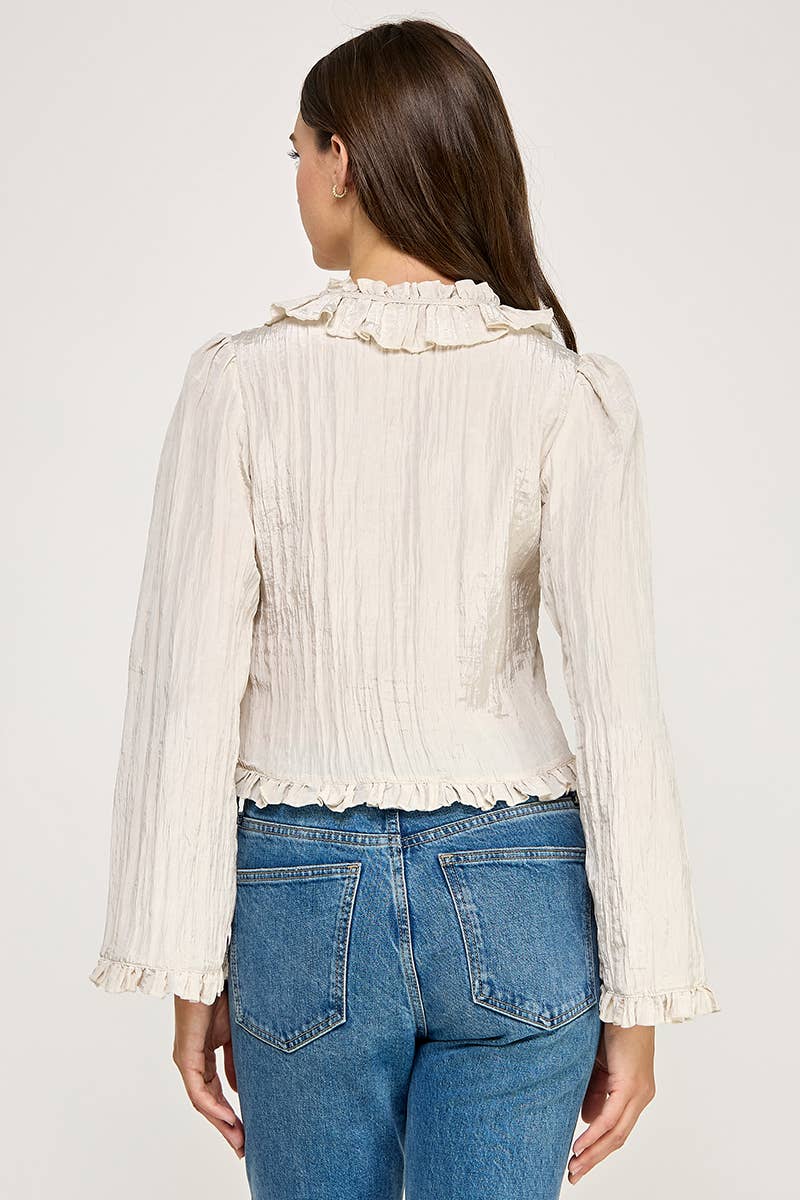 LONG-SLEEVE RUFFLED V-NECK BLOUSE