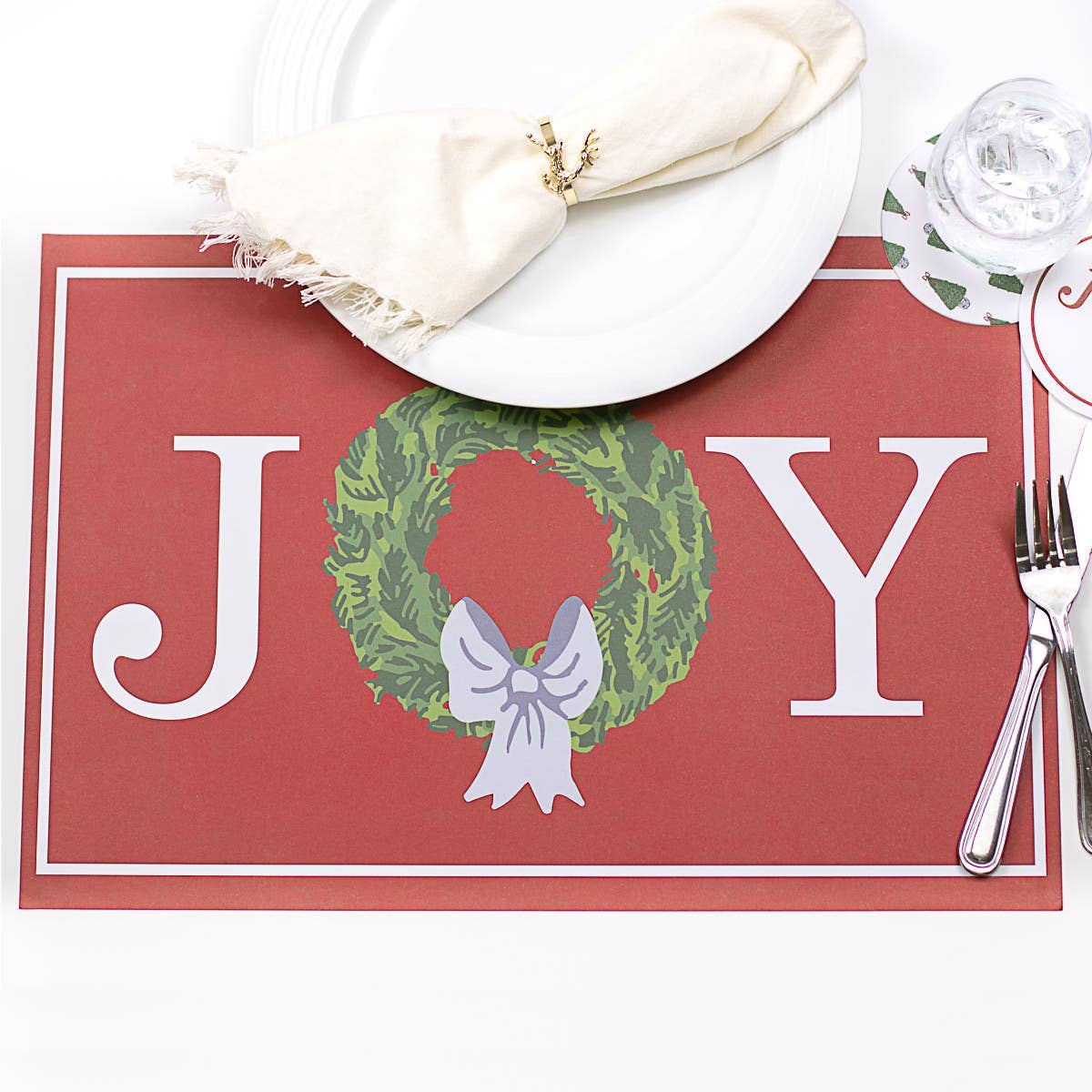 Grand Joy Wreath Paper Placemat   Red/Green/Blue   18.5x12.5   Set of 25