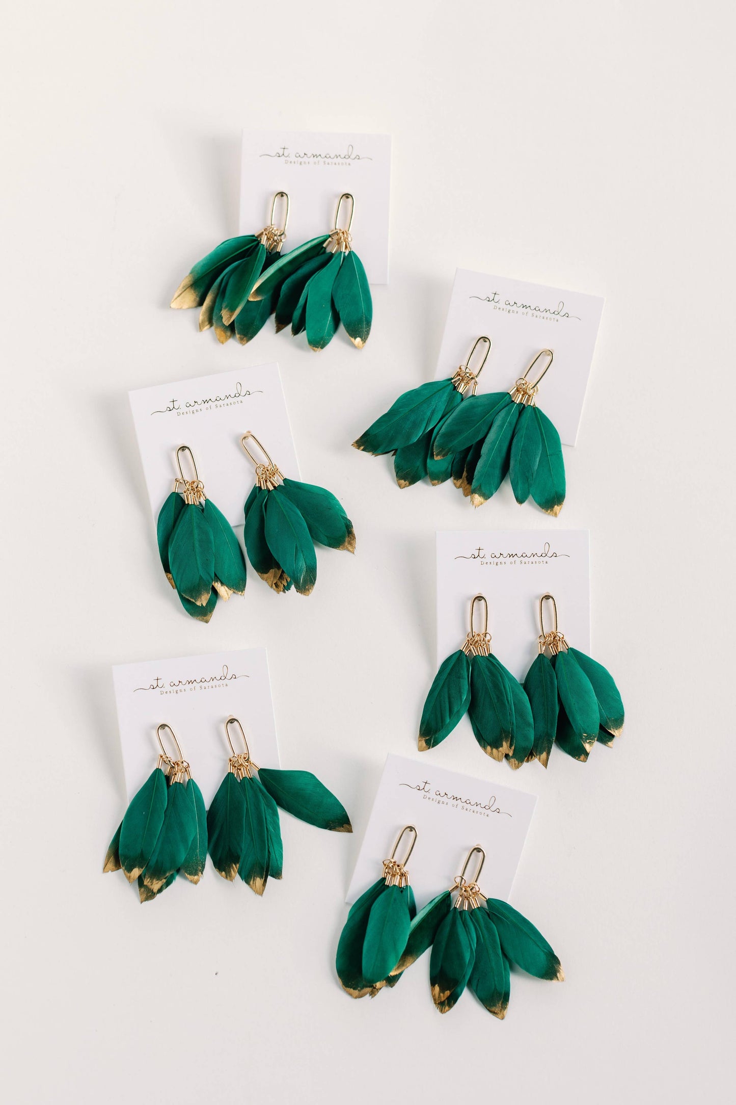 Emerald Gold Dipped Fall Feather Tassel Statement Earrings