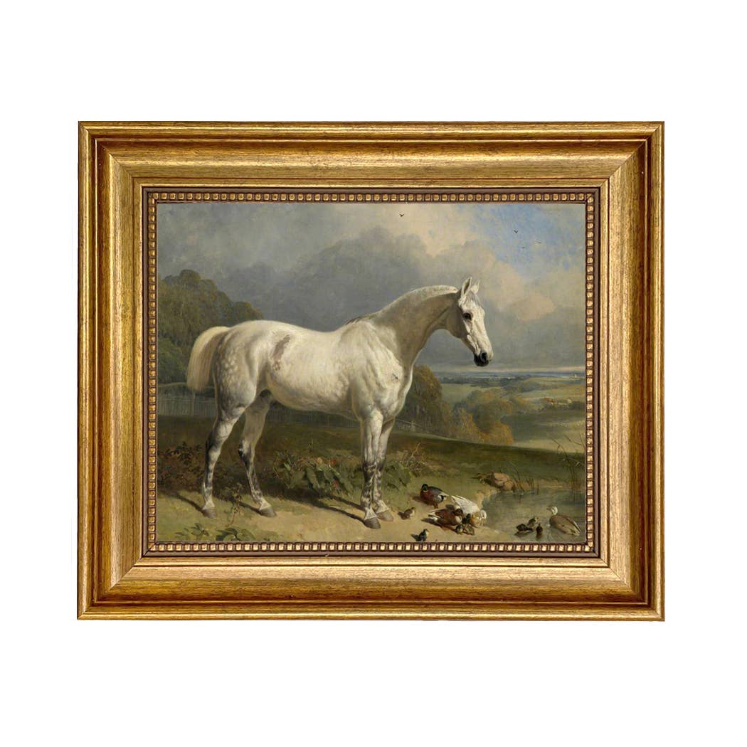 Gray Horse with Ducks Vintage  Painting Print on Canvas