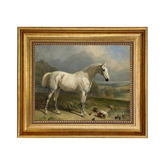 Gray Horse with Ducks Vintage  Painting Print on Canvas