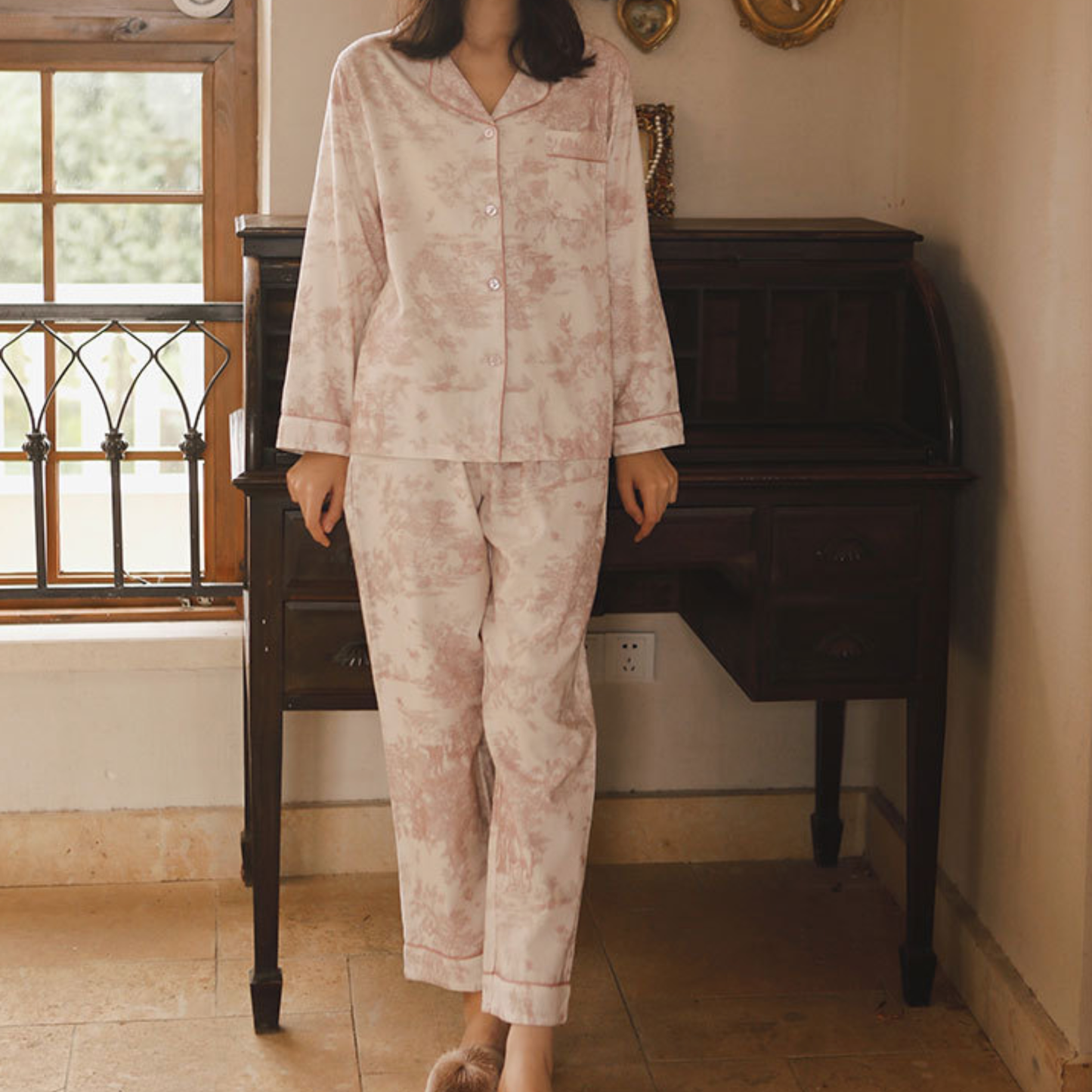 Pink Toile Women Pajamas Set – Summer Cotton Loungewear 