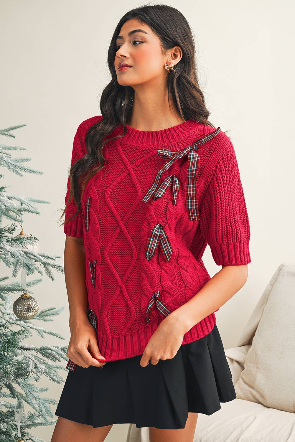 LDC Cable Knit Christmas Holiday Puff Short Sleeve Sweater