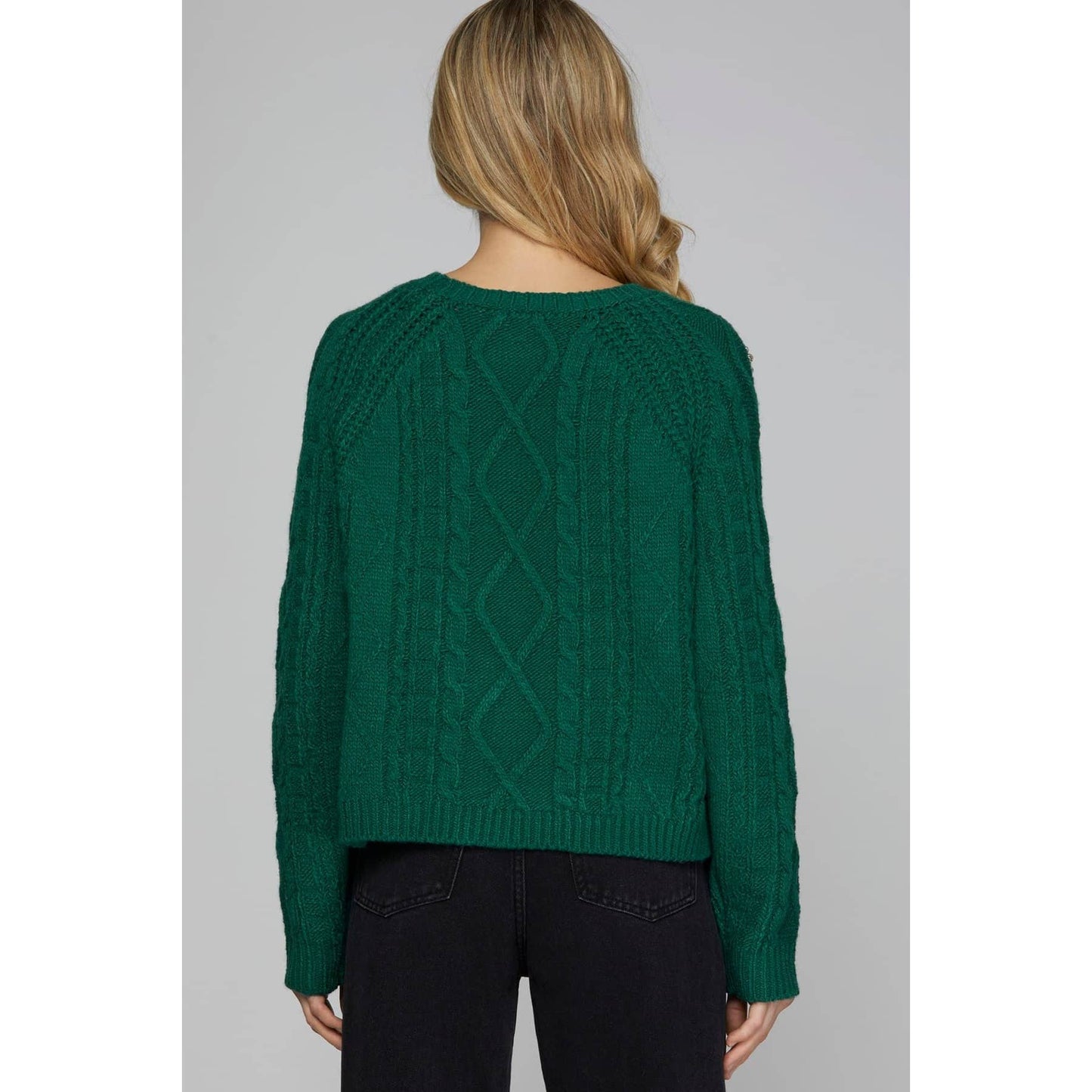 Cable Long Sleeve Knit Sweater Top with Rhinestone