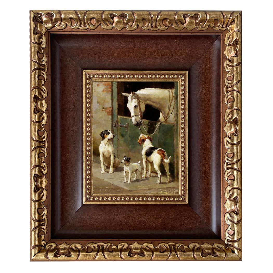 Dog and Horse at Stable Framed Painting Print on Canvas