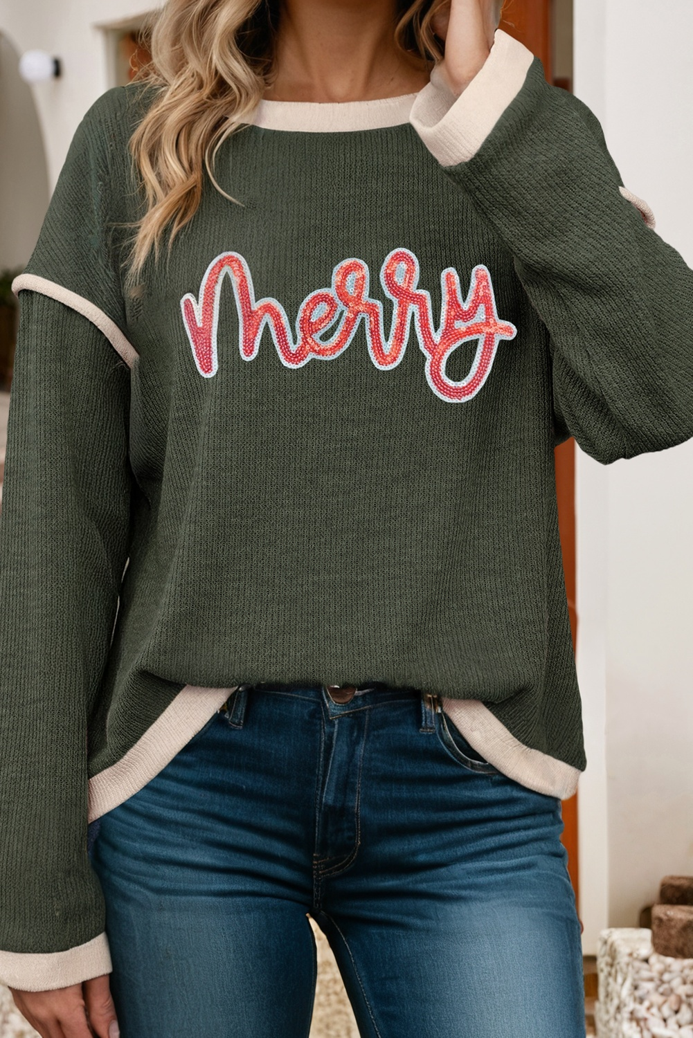 LDC Merry Graphic Contrast Trim Christmas Knitted Top