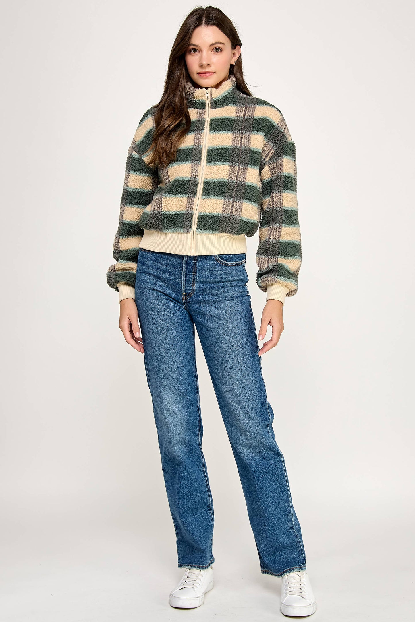 PLAID SHERPA JACKET-CREAM FOREST