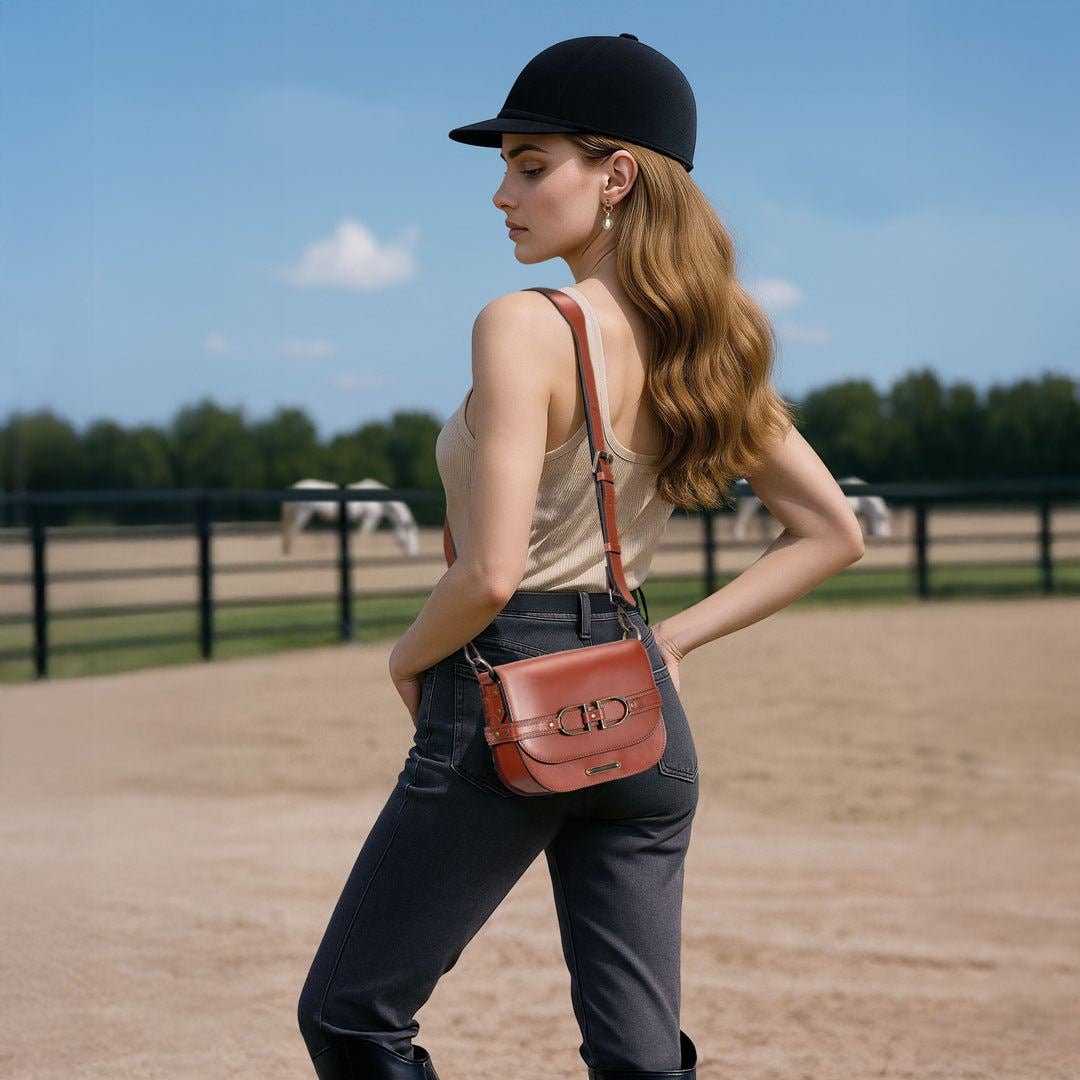 Delaney - Equestrian Stirrup Crossbody Luxury Leather Handbag in Cognac