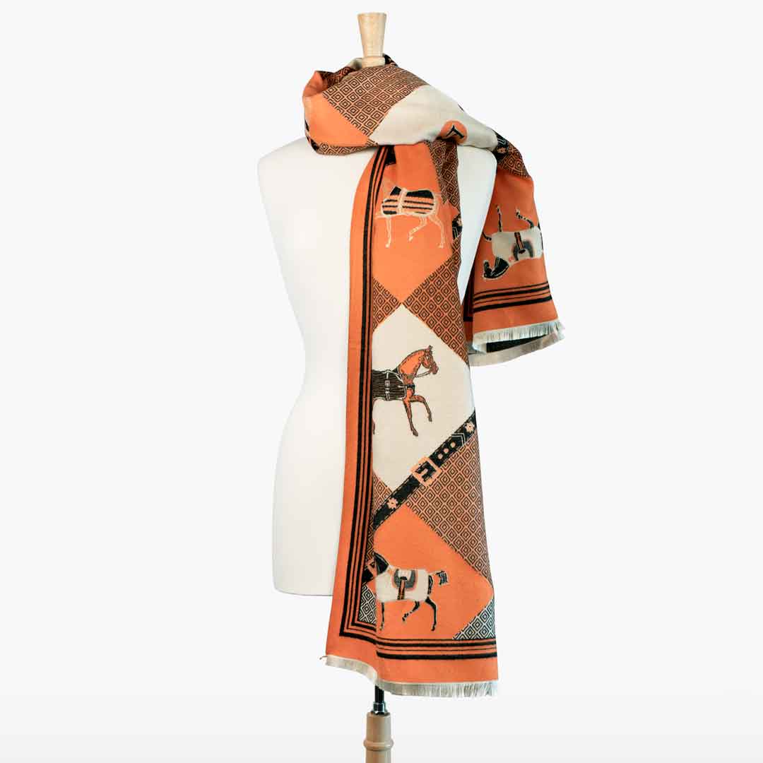 Della -  Tangerine Equestrian Motif Luxe Shawl