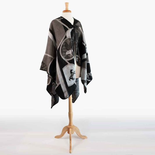 Adina -  Equestrian Motif Shawl in Charcoal Wrap