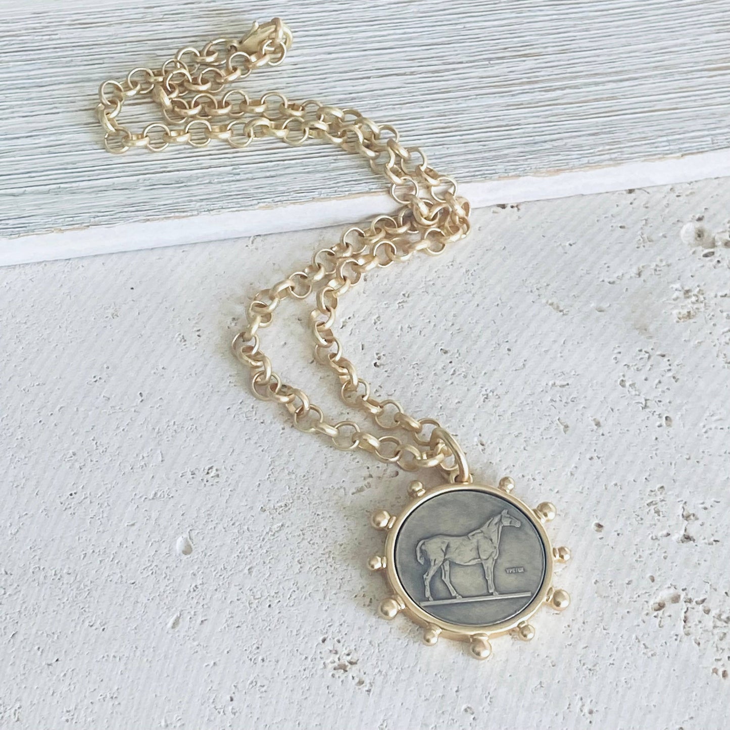 Matte gold horse coin jewelry 
