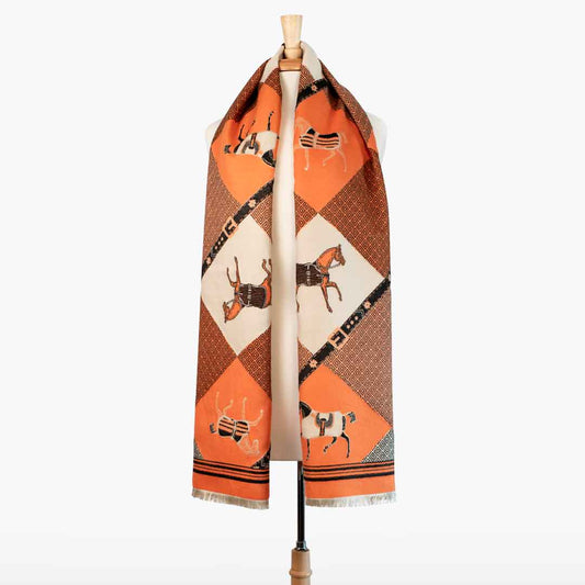 Della -  Tangerine Equestrian Motif Luxe Shawl