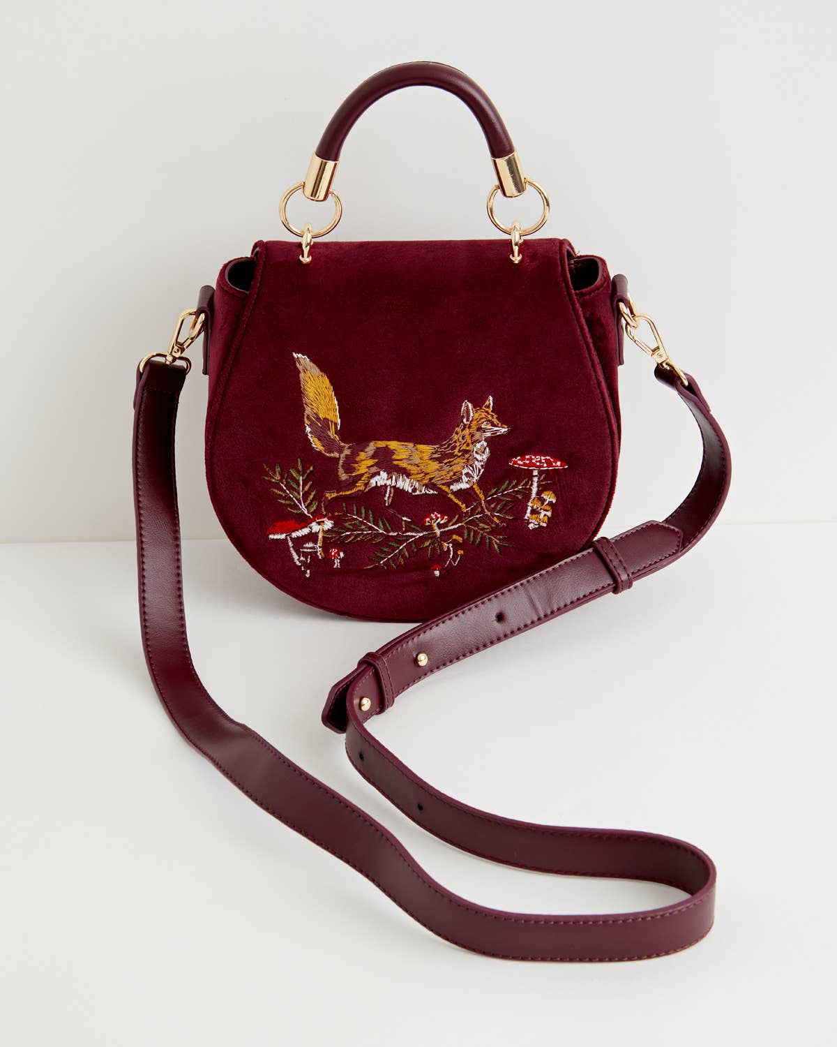 Fox & Mushroom Embroidered Velvet Saddle Purse
