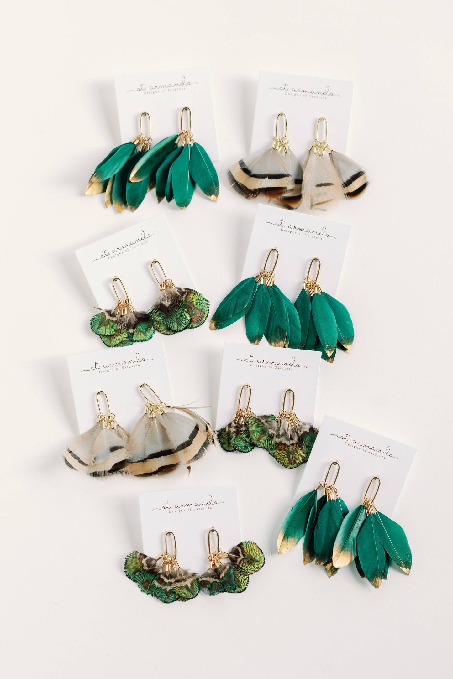 Emerald Gold Dipped Fall Feather Tassel Statement Earrings