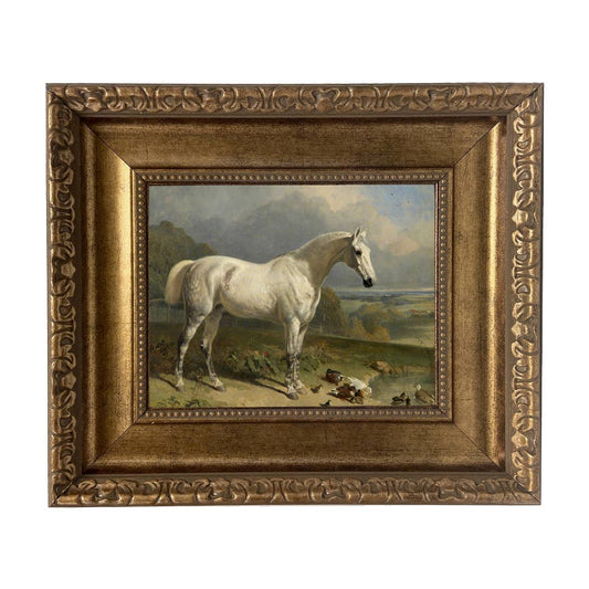 Gray Horse with Ducks Framed Oil Painting Print on Canvas