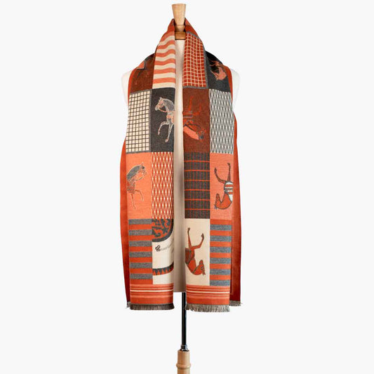 Devon -  Tangerine Equestrian Motif Luxe Shawl