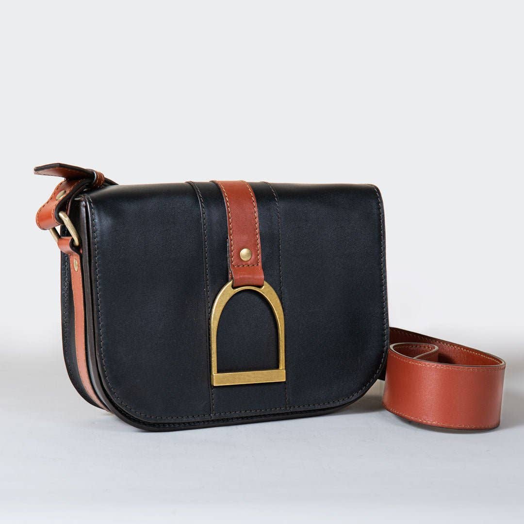 Signature Stirrup - Riding Stirrup Crossbody Luxury Leather Handbag in Cognac on Black