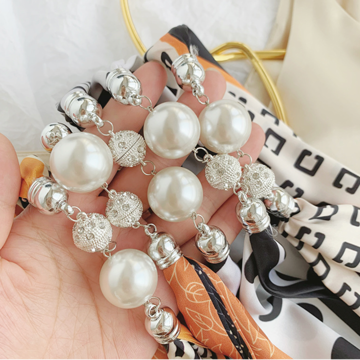 Pearl-Embellished Scarf Necklace – Fashion Accessory Women