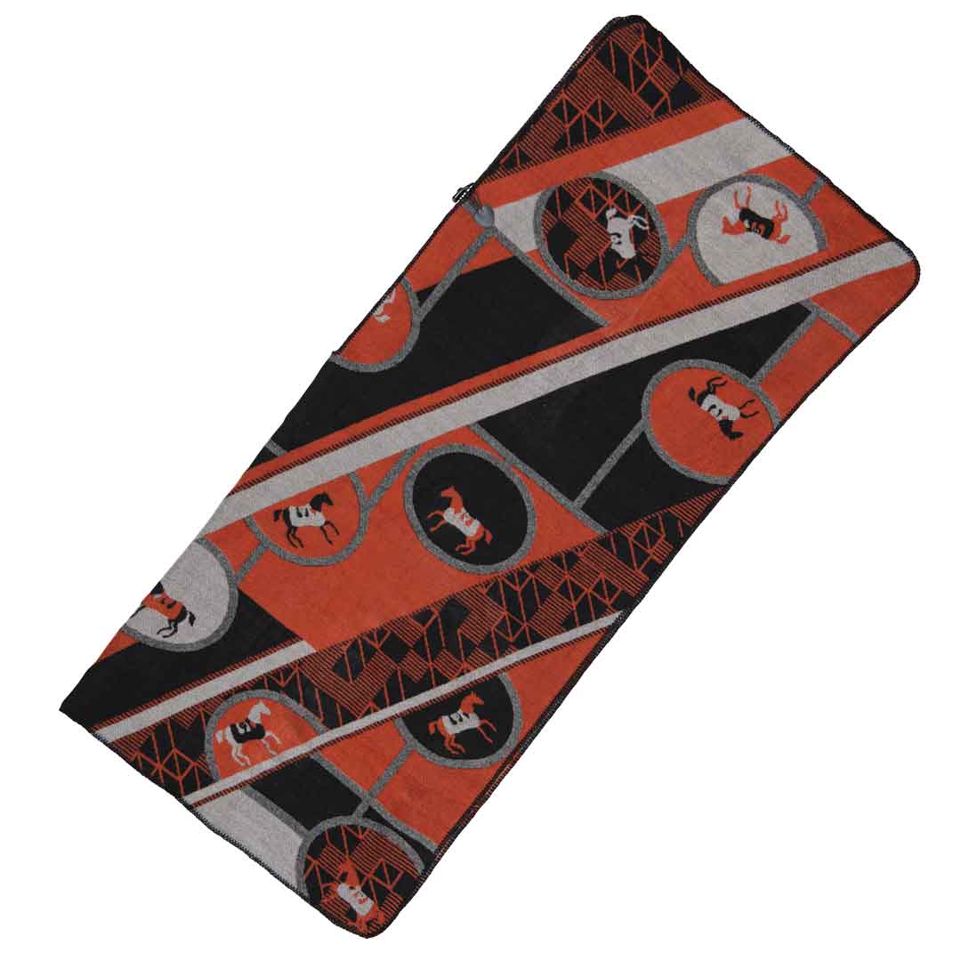 Adina -  Equestrian Motif Shawl in Tangerine, Charcoal and Black Luxe Wrap