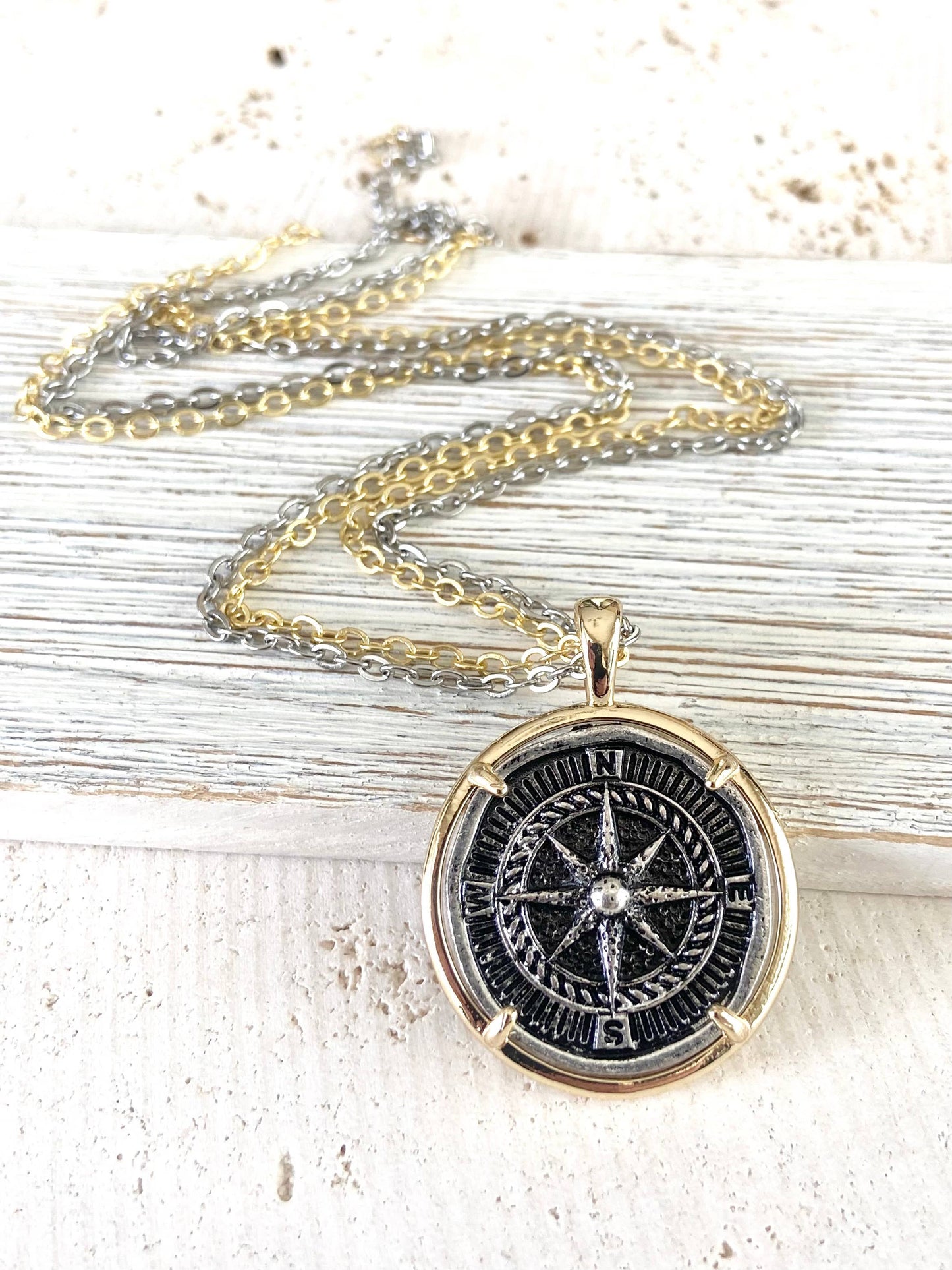Compass coin necklace travel souvenir non tarnishing jewelry