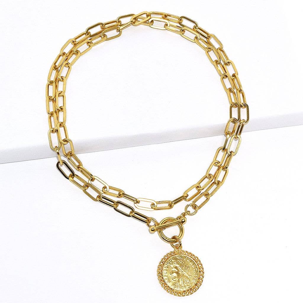 Stylish Paperclip Chain Necklace with Coin Pendant