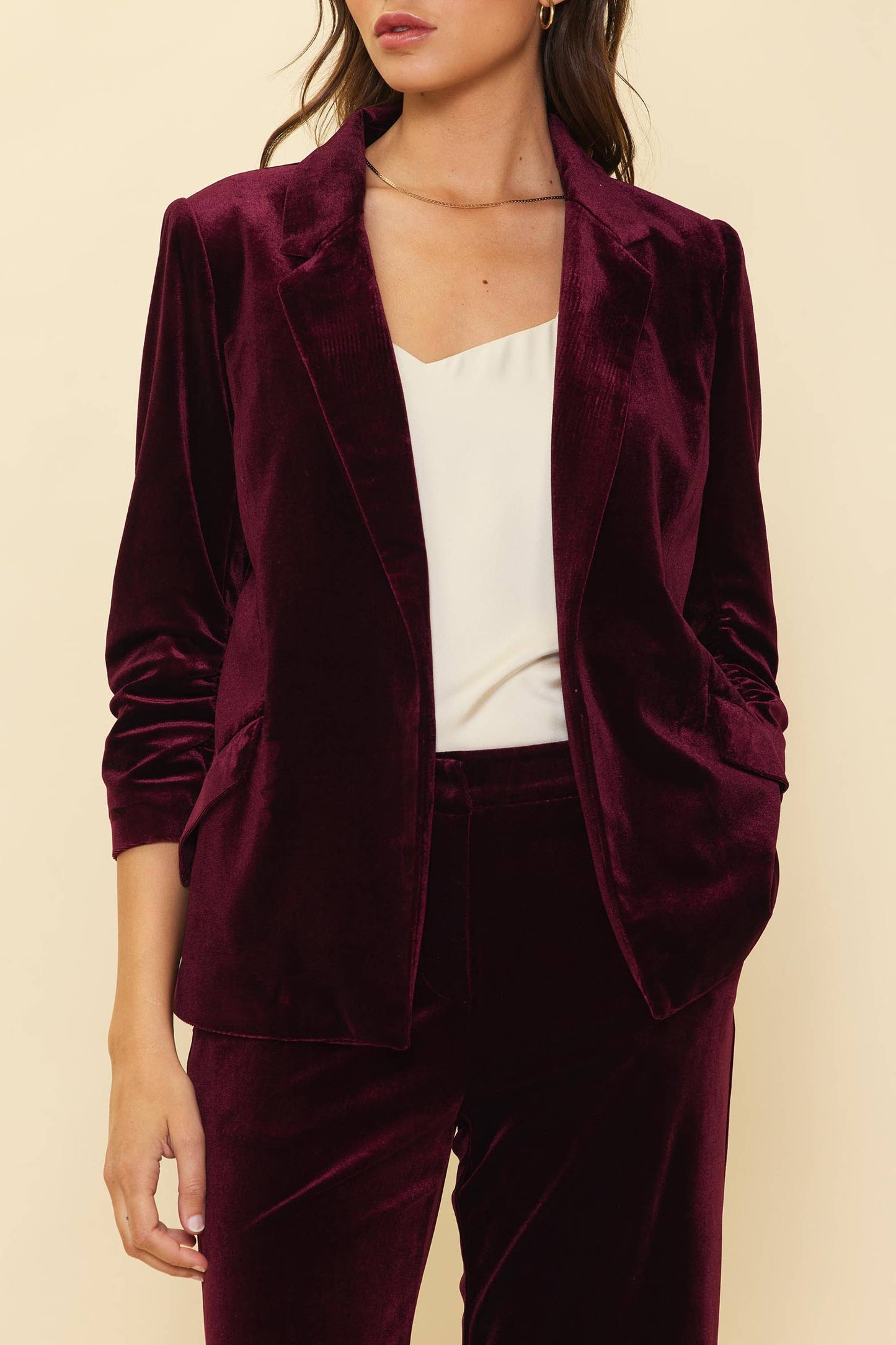Velvet Blazer with Ruched Sleeves