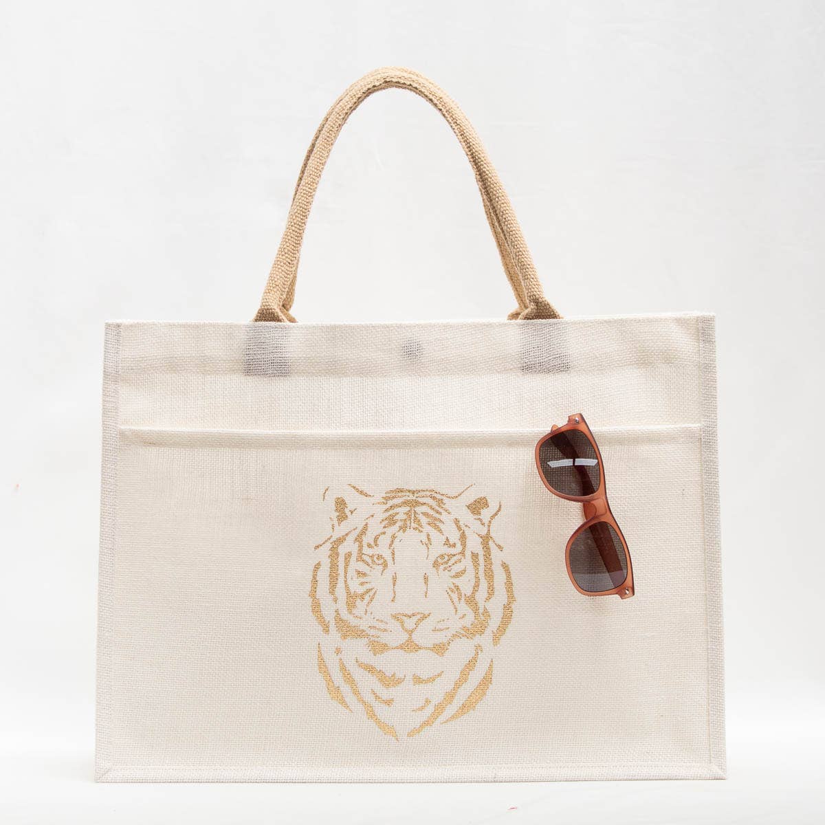 Easy Tiger Jute Pocket Tote   White/Gold   19x14x7.5