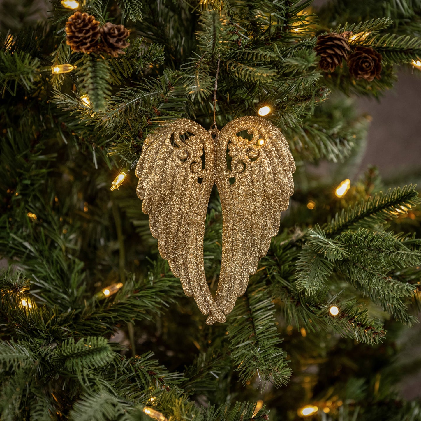GLITTERED GOLD CLOSED ANGEL WING ORNAMENT