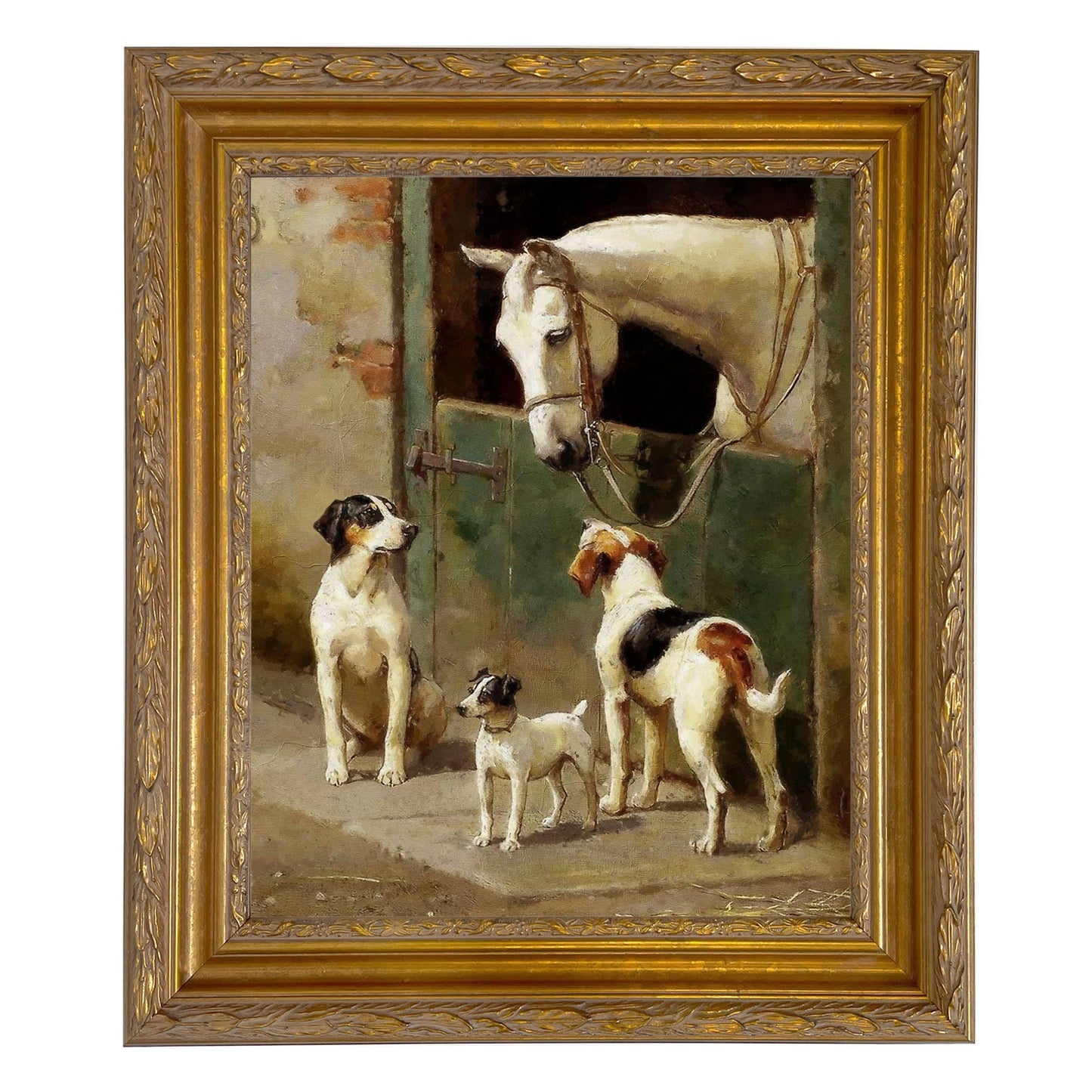Dog and Horse at Stable Framed Painting Print on Canvas