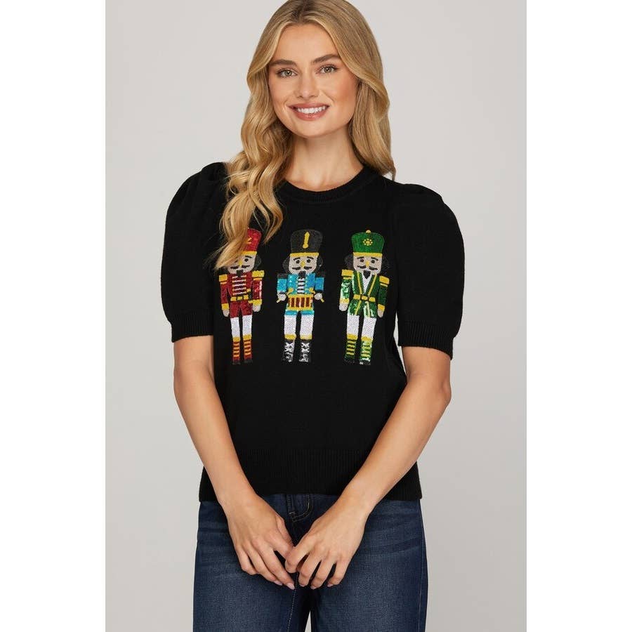 Half Sleeve Nutcracker Sequin Patched Sweater