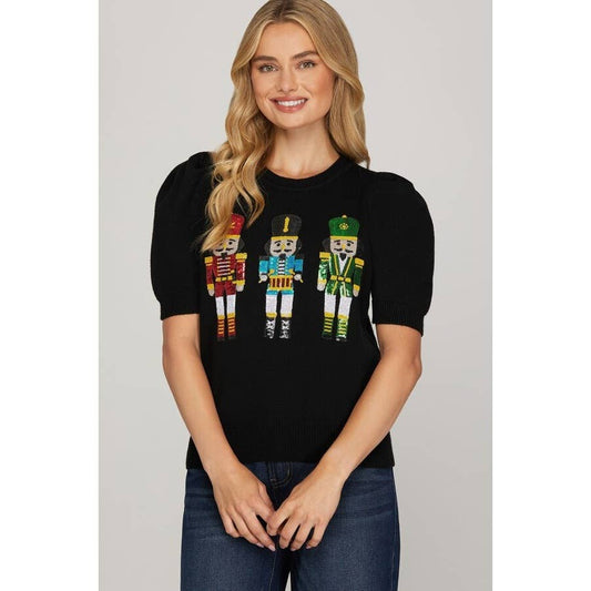 Half Sleeve Nutcracker Sequin Patched Sweater